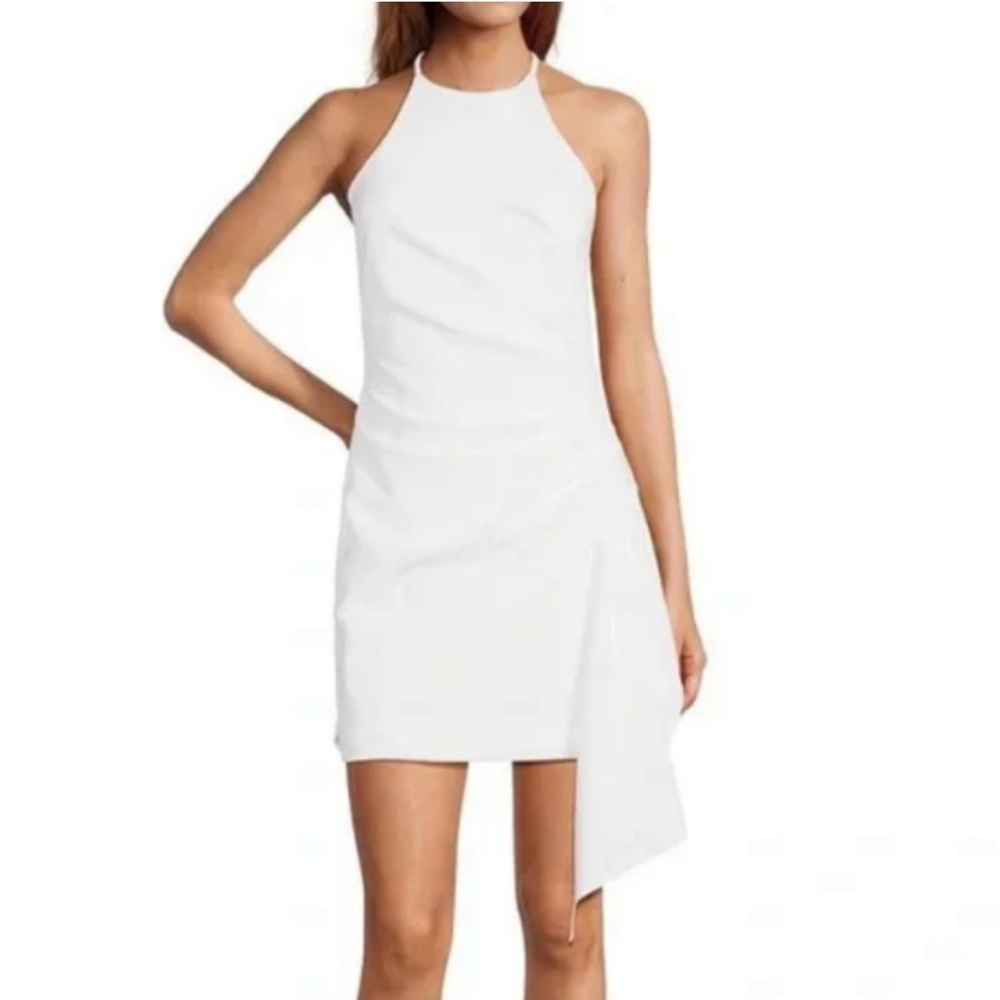 Badgley Mischka Daphne Stretch Crepe Halter Neck Asymmetrical Hem Dress
